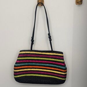 Black Woven Shoulder Bag with Bright Multicolor Stripes